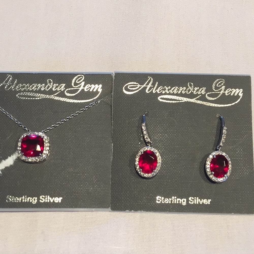 NEW STERLING NECKLACE & EARRINGS, red stone